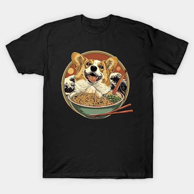 Corgi with Asian Ramen Noodles T-Shirt by Vlaa